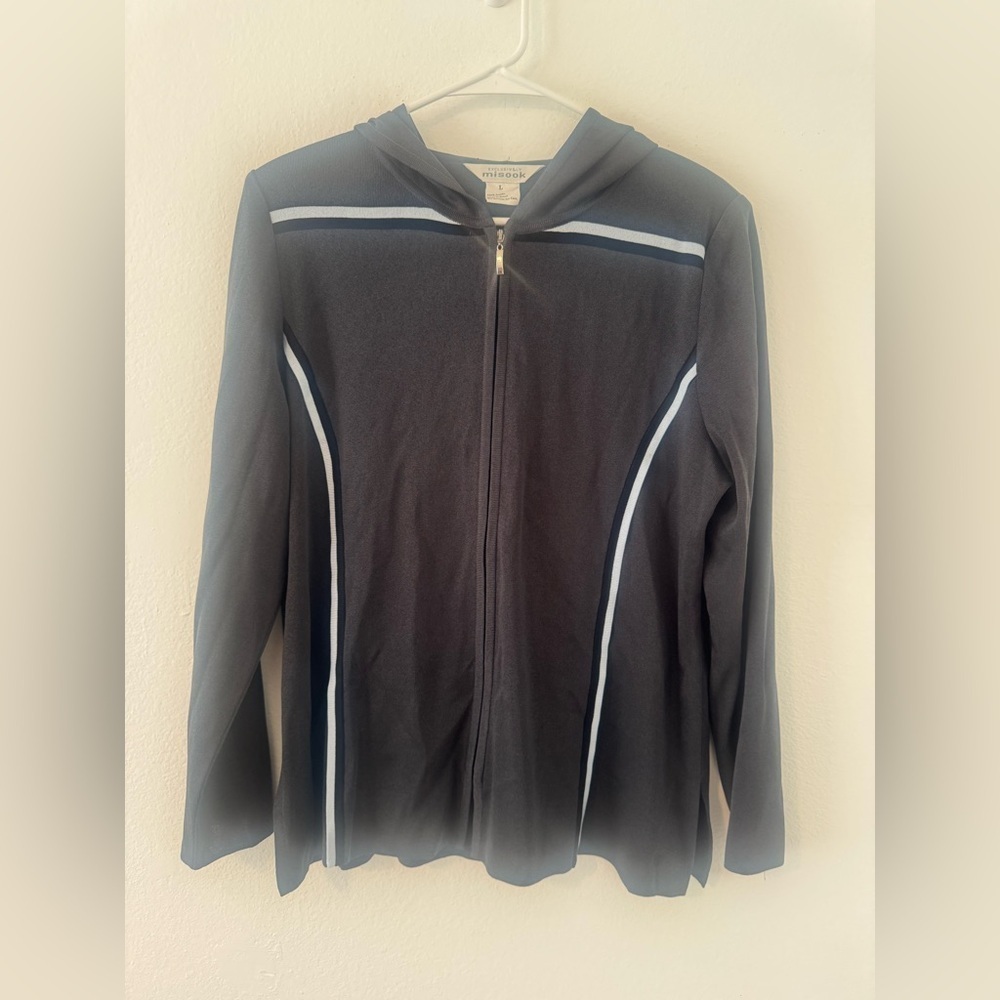 Exclusively Misook Grey Stretch Knit Full Zip Hoodie Blue Trim Size Large